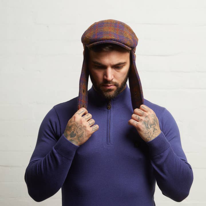 LOGAN Italian Tweed Flat Cap With Earflaps - Grape for wholesale by Dasmarca Hats