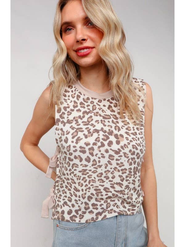 OATMEAL TAUPE Round Neck Leopard Bow Tied Top for wholesale on Faire