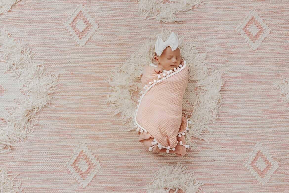 Harp Angel Boutique - Wholesale Swaddle - Baby - Dusty Pink Pom Muslin Swaddle Blanket4
