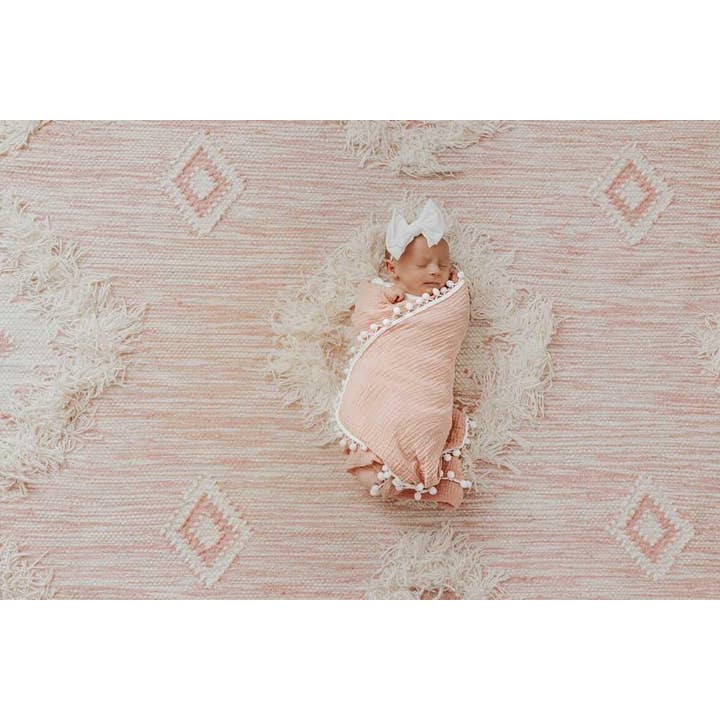 Harp Angel Boutique - Wholesale Swaddle - Baby - Dusty Pink Pom Muslin Swaddle Blanket4
