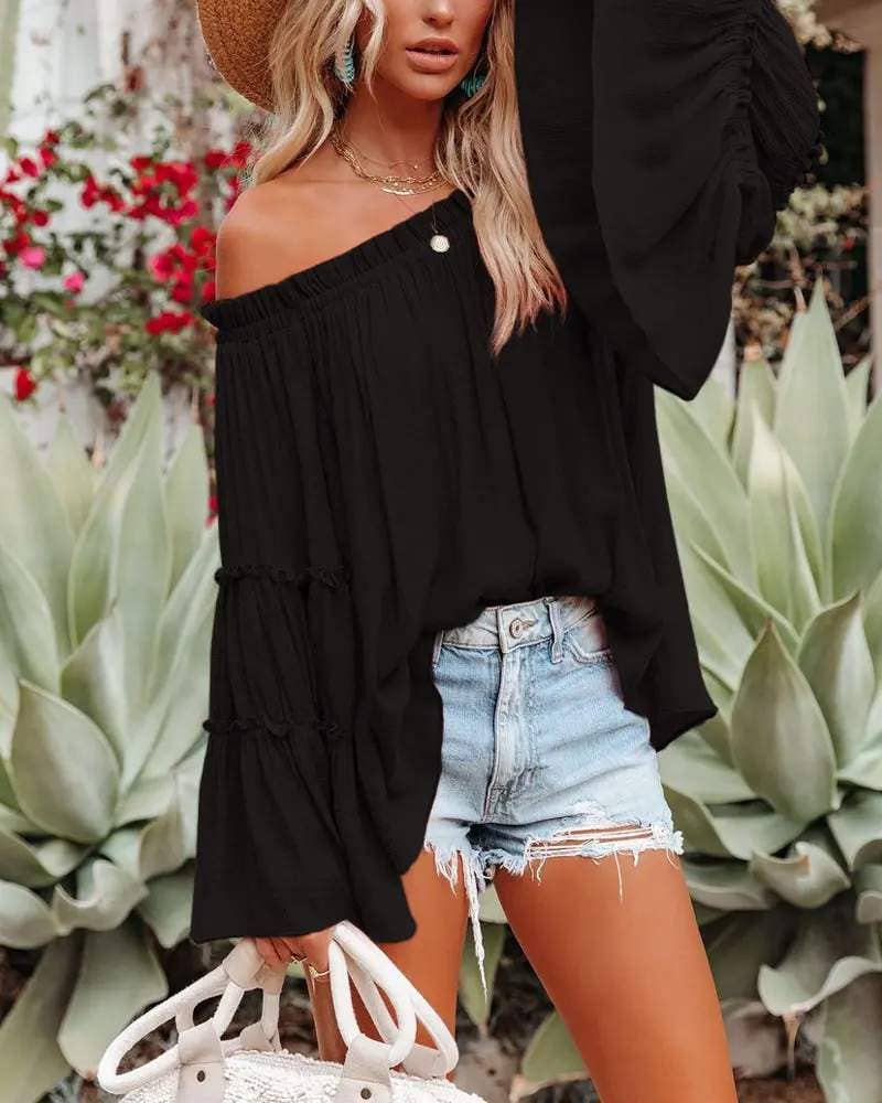 Fashion Combination - Wholesale Blouse - Women's - frill hem off shoulder bell sleeve top1