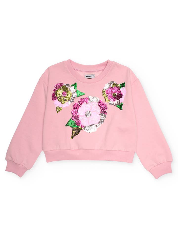 Pink sweatshirt for girls with sequin flowers for wholesale by tuc tuc