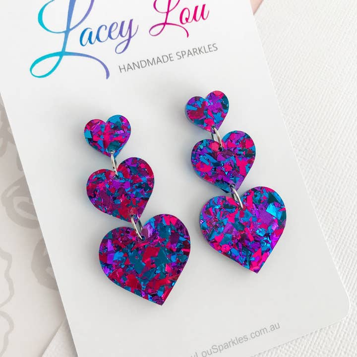 Midnight Blue Stacked Love Heart Statement Acrylic Dangle Earrings for wholesale by Lacey Lou Sparkles