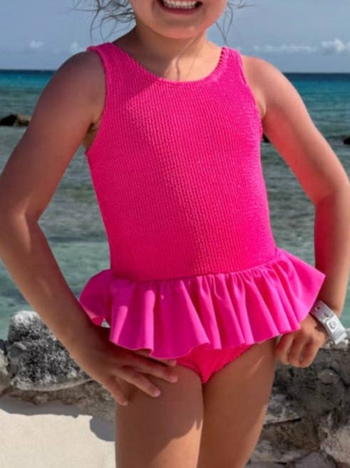 Mini Ruffle Girls Skirted Swimsuit in Hot Neon Pink for wholesale by Tidewater Tots