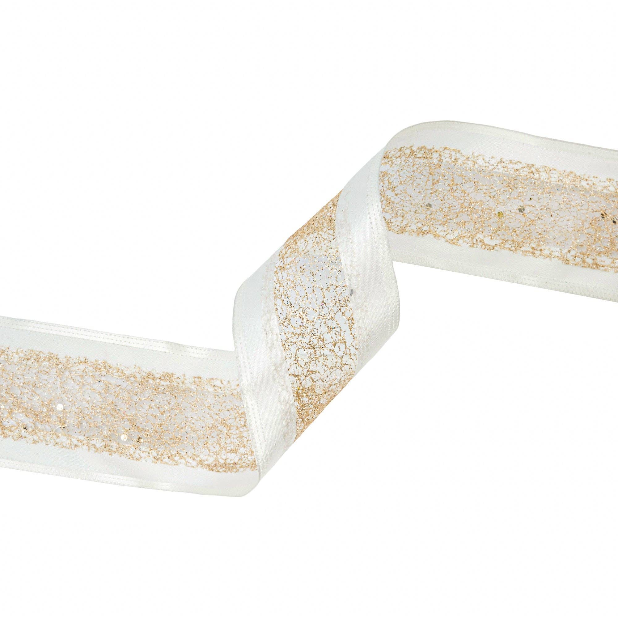 LA Ribbons Wholesale - Vente Ruban – emballage cadeau - Ruban câblé 2 1/2" | Maille dorée avec bordure en satin blanc | Rouleau de 10 yards3