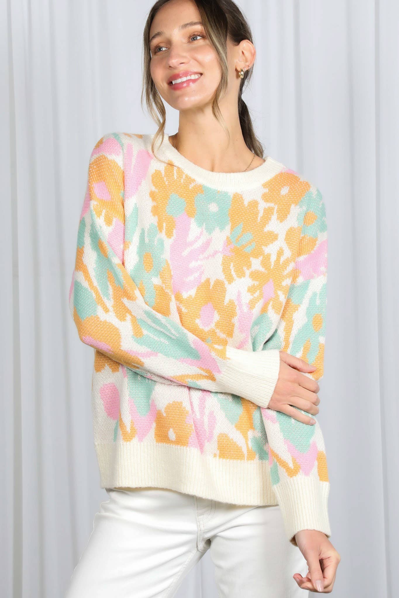 Cream Multi Floral Jacquard Knitted Sweater Top VT82628 for wholesale on Faire6