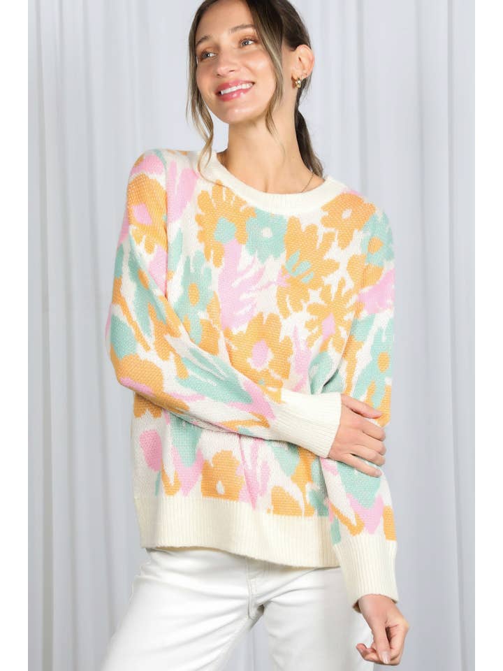 Cream Multi Floral Jacquard Knitted Sweater Top VT82628 for wholesale on Faire6