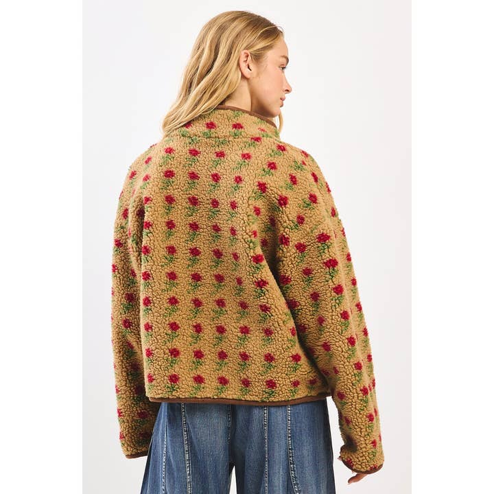CAMEL FLORAL PRINT SHERPA FLEECE SNAP FRONT JACKET for wholesale on Faire6