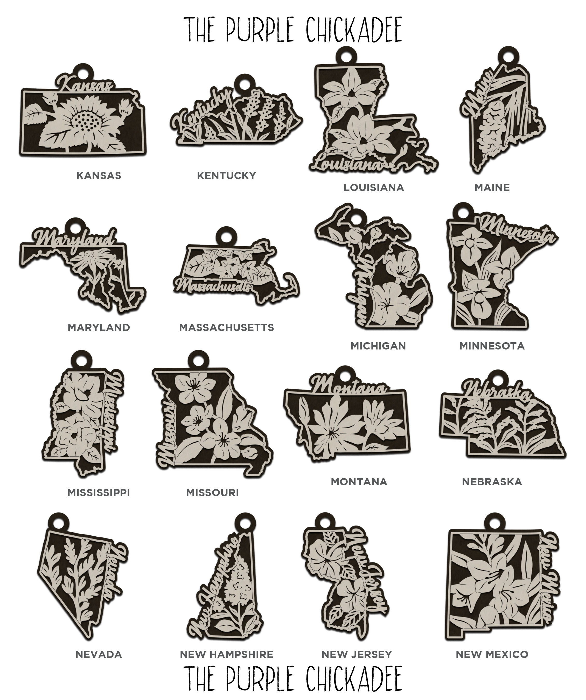 The Purple Chickadee - Wholesale Ornament - State Flowers Wooden Ornament - Choose Your State 2