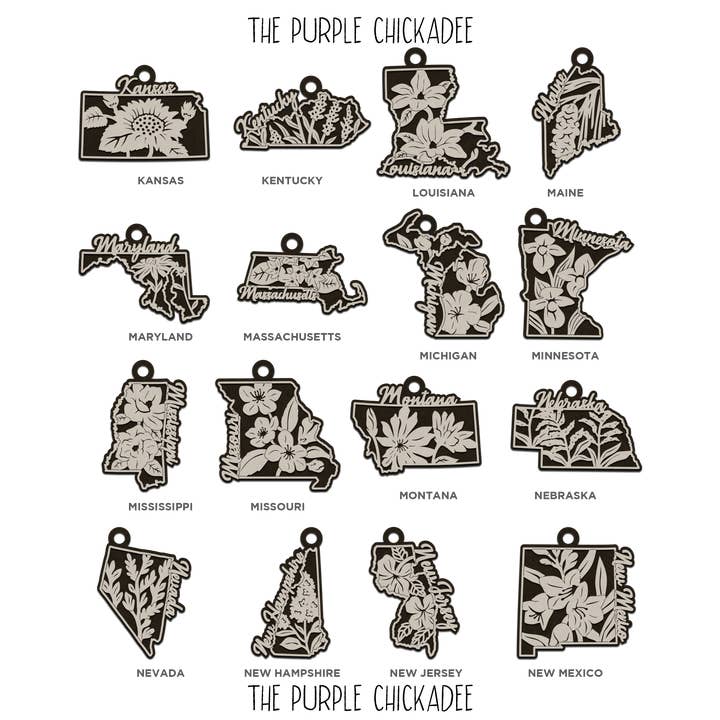 The Purple Chickadee - Wholesale Ornament - State Flowers Wooden Ornament - Choose Your State 2