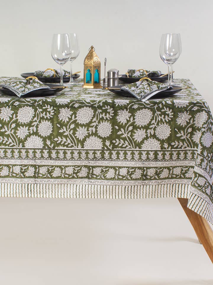 Hand Block Green Floral Print Cotton Dining Tablecloth for wholesale by Artsy Home