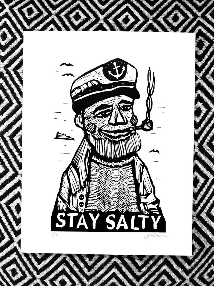 BLEIB SALZIG Holzboot-Kapitän - Siebdruck für den Großhandel von Pixel Palmer