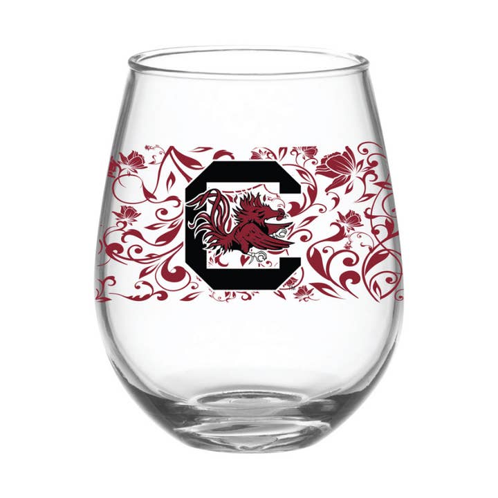 15oz South Carolina Gamecocks Floral Stemless Wine Glass for wholesale by Indigo Falls