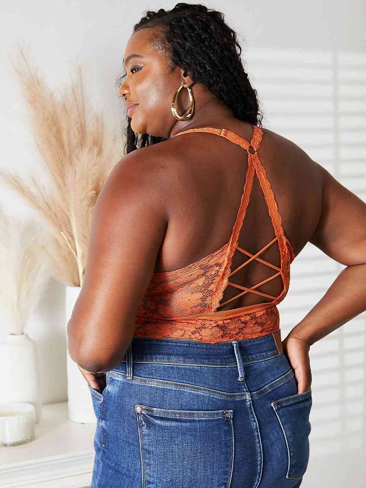 Rust JadyK Juliette Full Size Crisscross Lace Bralette for wholesale on Faire1