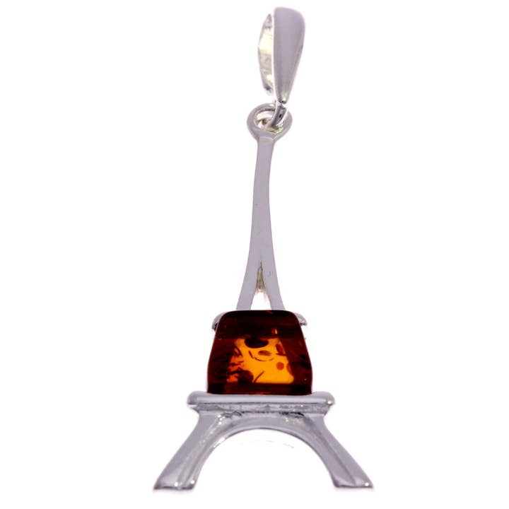 925 Sterling Silver & Genuine Baltic Amber Eiffel Tower Paris Pendant - GL317 for wholesale by SilverAmber Jewellery