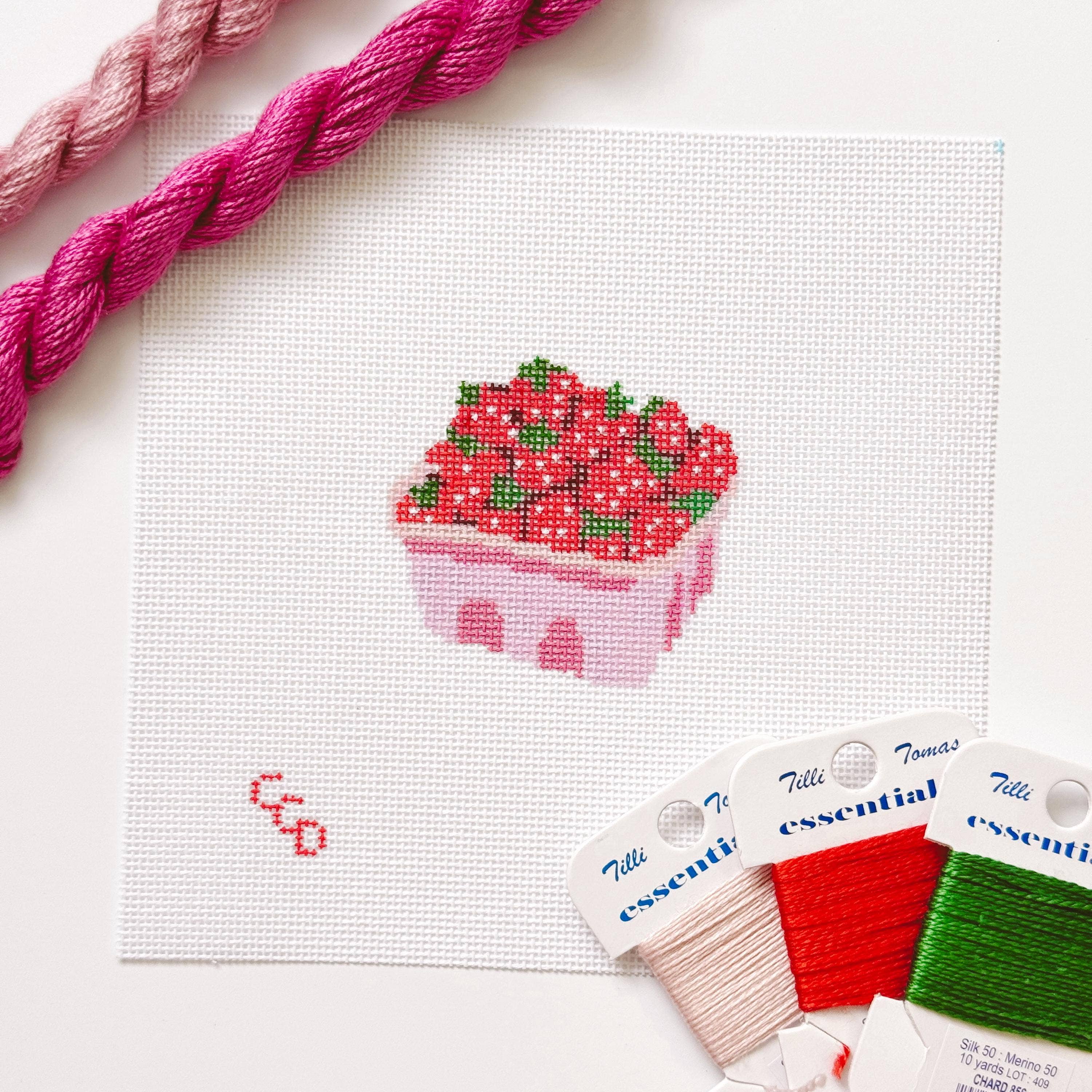 Cotswold Co Designs - Wholesale Embroidery/Cross Stitch Supplies - Strawberry Basket Needlepoint Canvas 18 Mesh 4” Design, Summer Strawberries Needlepoint Canvas modern Hand Painted1