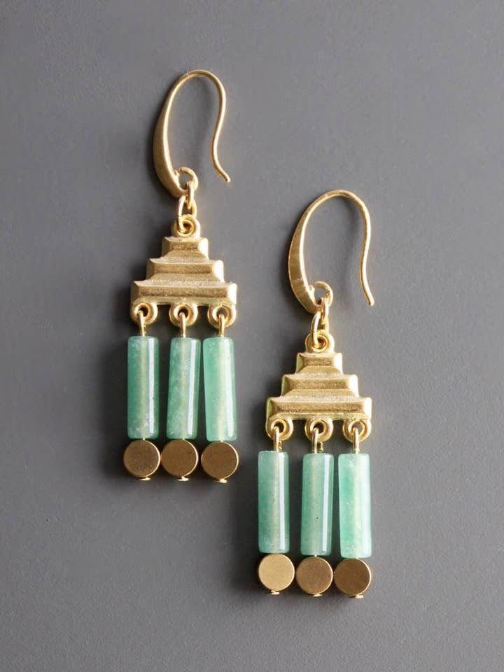 PRSE08 Geometric green stone earrings for wholesale by David Aubrey Jewelry