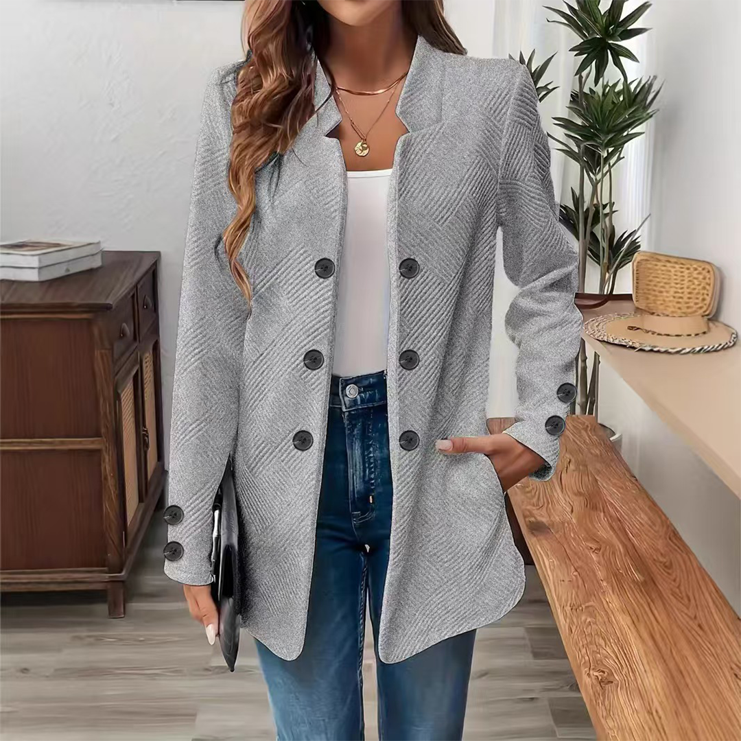 UNISHE – Blazer - Mulher por atacado – Blazer de Manga Comprida com Decote em V e Botões Duplos Cor Sólida ZK36484