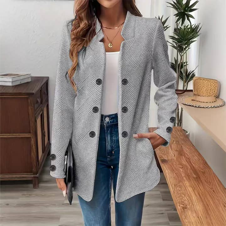 UNISHE - Wholesale Blazer - Women's - Double Buttons Solid Color V-Neck Long Sleeve Blazer ZK36484
