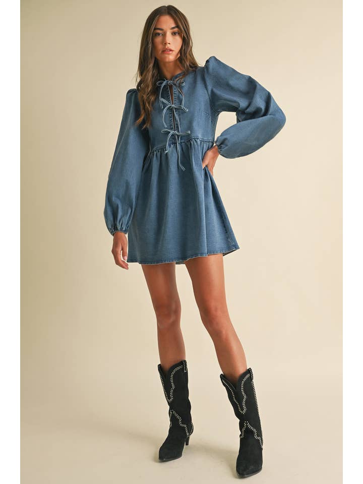 MIDIUM WASH Denim Bow Mini Dress for wholesale on Faire