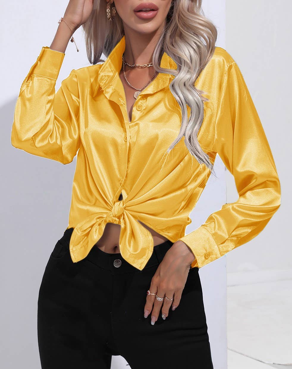 HIDDENBRAND - Wholesale Button Down Shirt - Women's - Satin Faux Silk Long-Sleeved Shirt44