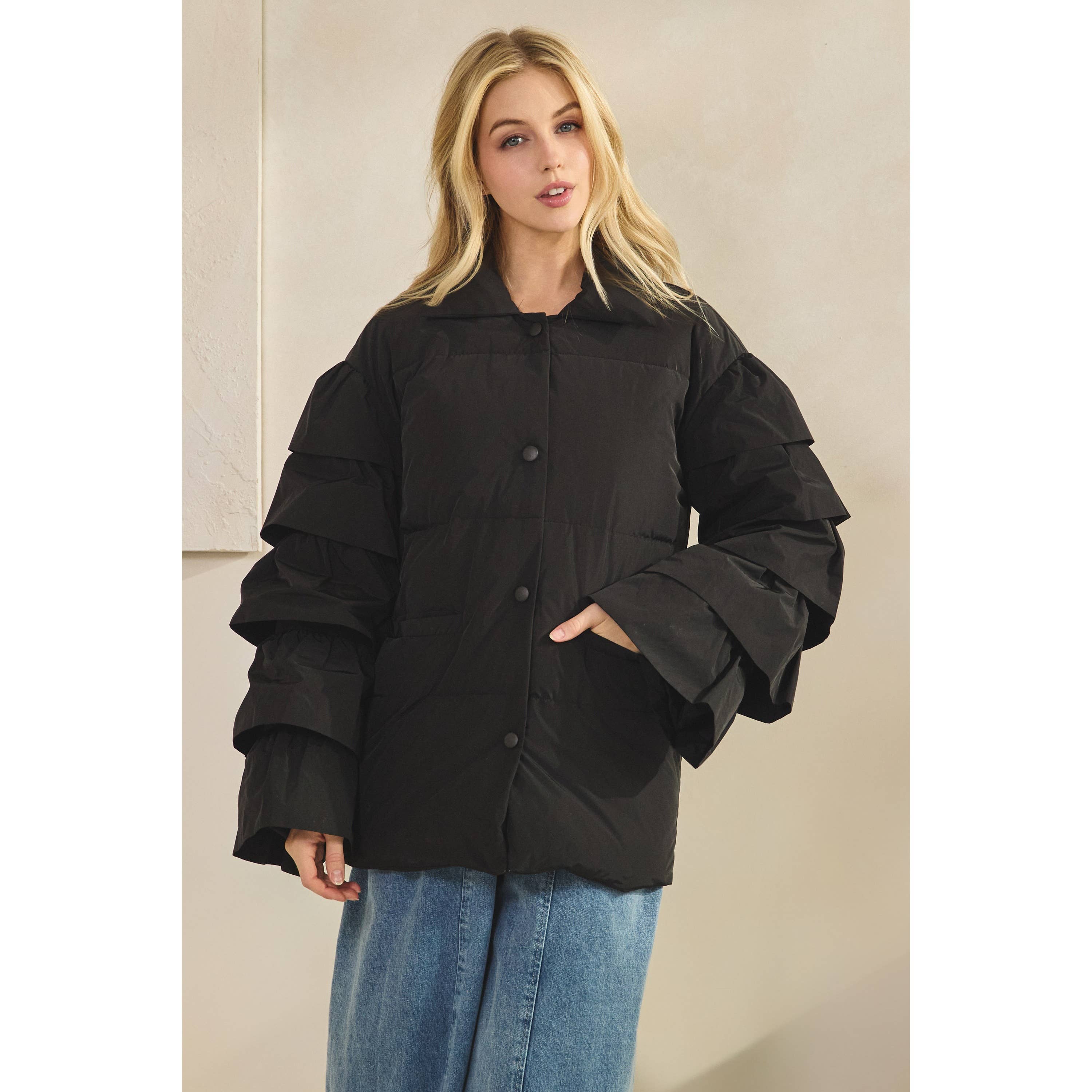 Veveret - Wholesale Jacket - Women's - Tiered Ruffle Long Sleeve Padded Jacket15