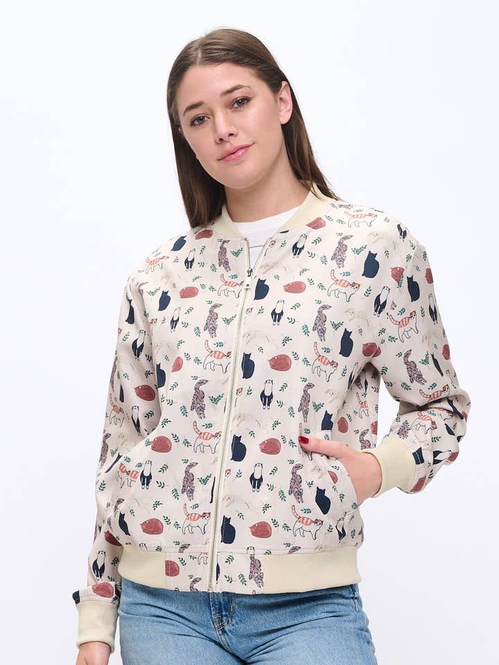 PLAYFUL CATS AND LEAVES PRINT BOMBER JACKET for wholesale by SM WARDROBE