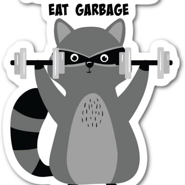 I Workout So I Can Eat Garbage Weightlifting Raccoon Sticker for wholesale by Lyrical River Designs