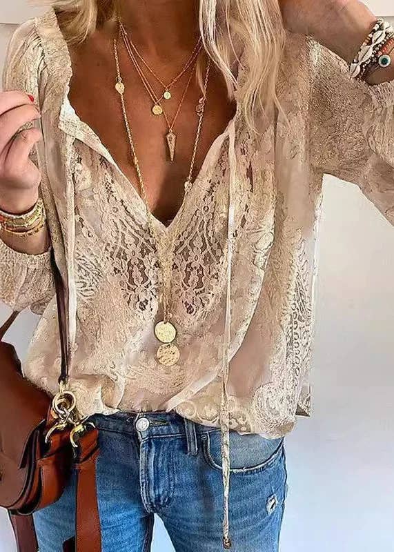 Fashion Combination - Wholesale Blouse - Women's - Lace Patchwork V-Neck Elegant Blouse
