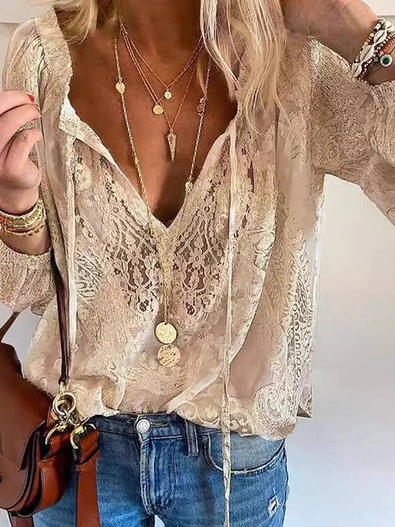 Fashion Combination - Wholesale Blouse - Women's - Lace Patchwork V-Neck Elegant Blouse0