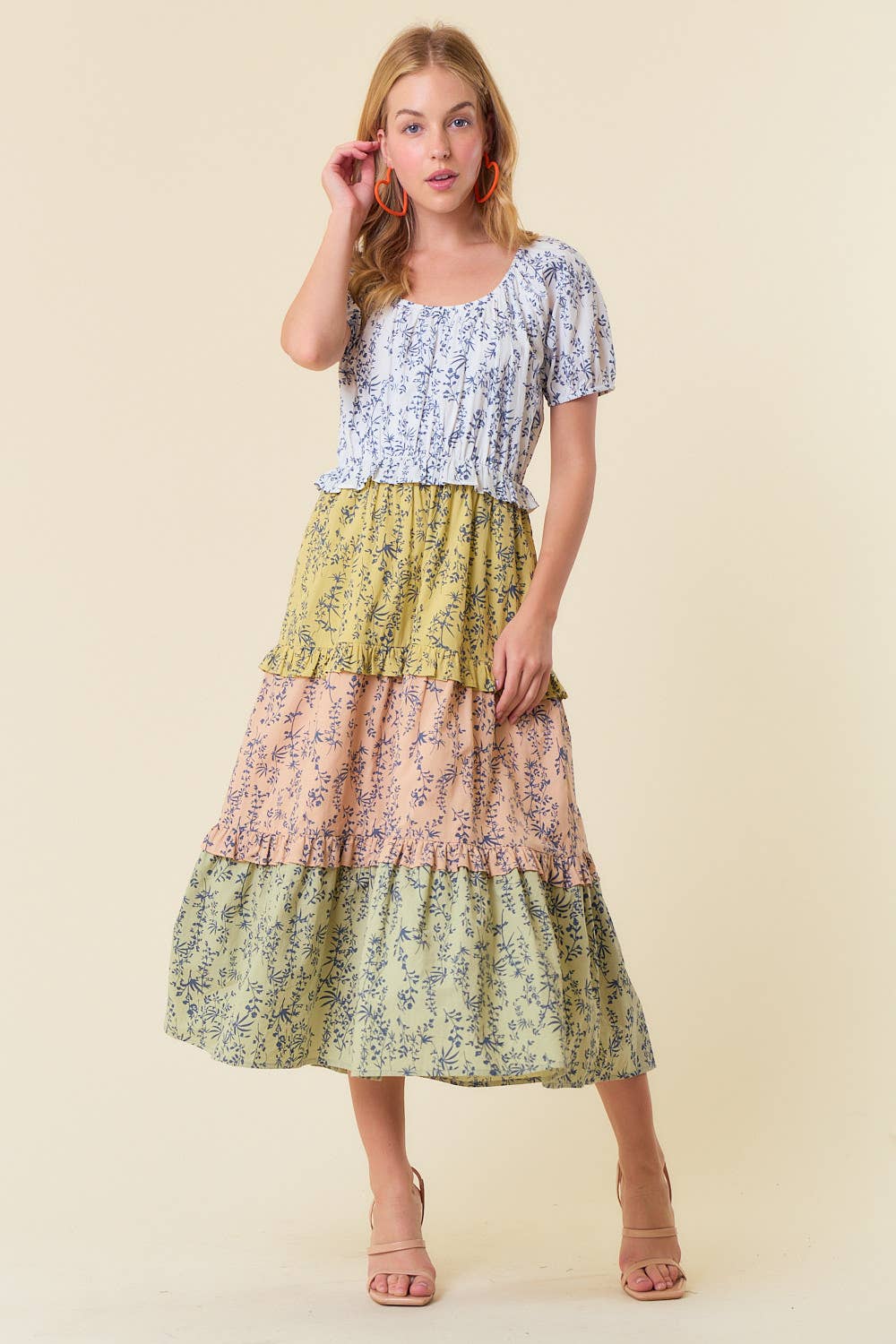 Off White Sage Mix FLORAL PRINT SHORT SLEEVE COLOR BLOCK MIDI DRESS - 27593D for wholesale on Faire2