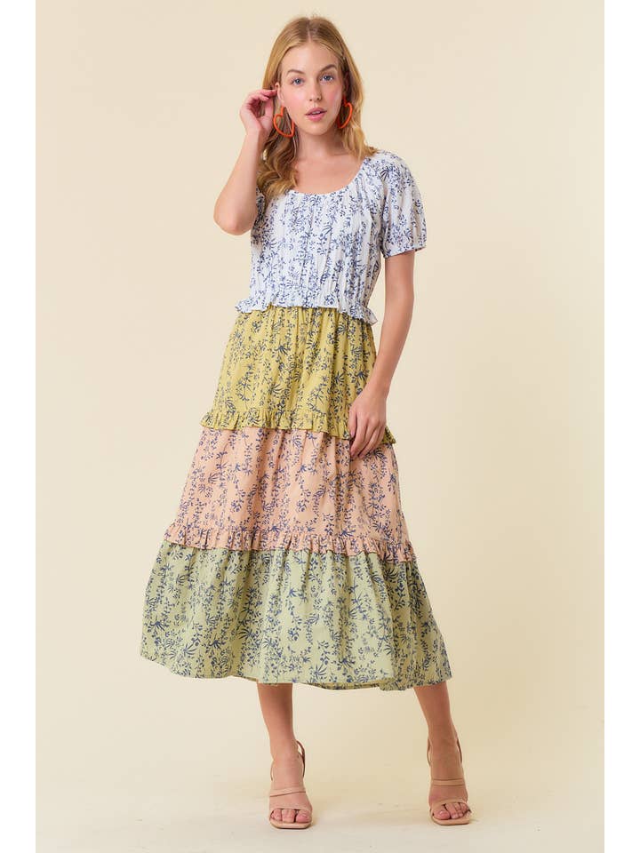 Off White Sage Mix FLORAL PRINT SHORT SLEEVE COLOR BLOCK MIDI DRESS - 27593D for wholesale on Faire2