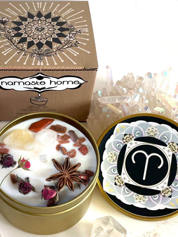 Candela al cristallo Ariete con pietre preziose e erbe aromatiche per la vendita all'ingrosso da parte di Namaste Home