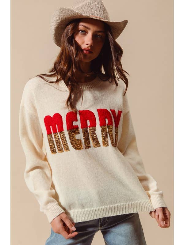 Vanilla Monkey - Wholesale Knit Sweater - Women's - Sequin Merry Lettering Christmas Sweater