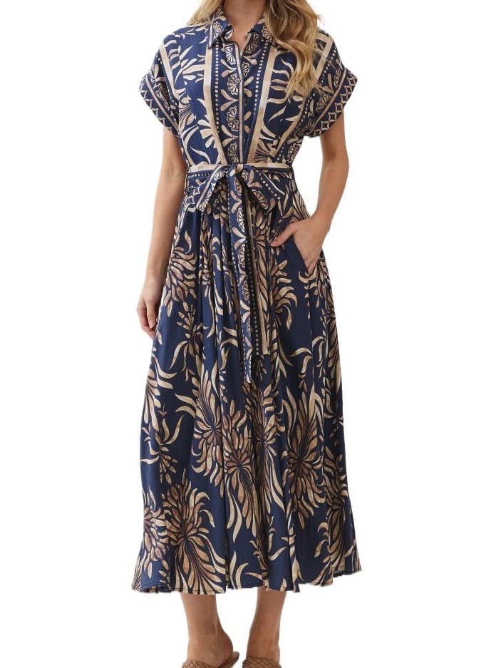 Boarder Print Short Sleeve Button Down Maxi Dress for wholesale by Vanilla Monkey