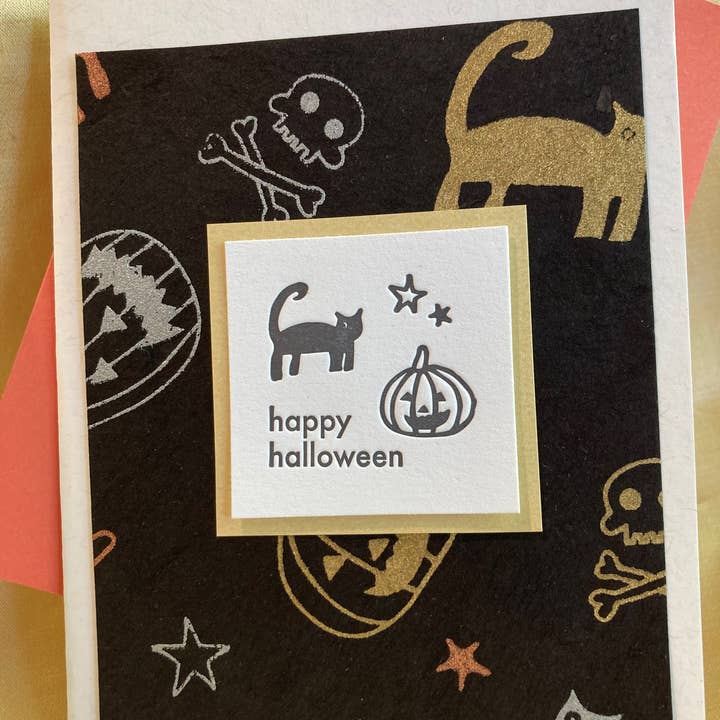 Halloween Cat Pumpkin card for wholesale by Deep Ink Letterpress