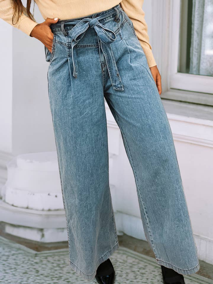 LDC Western Washed Bow Knot Sash Wide Leg Jeans for wholesale by Little Daisy Closet