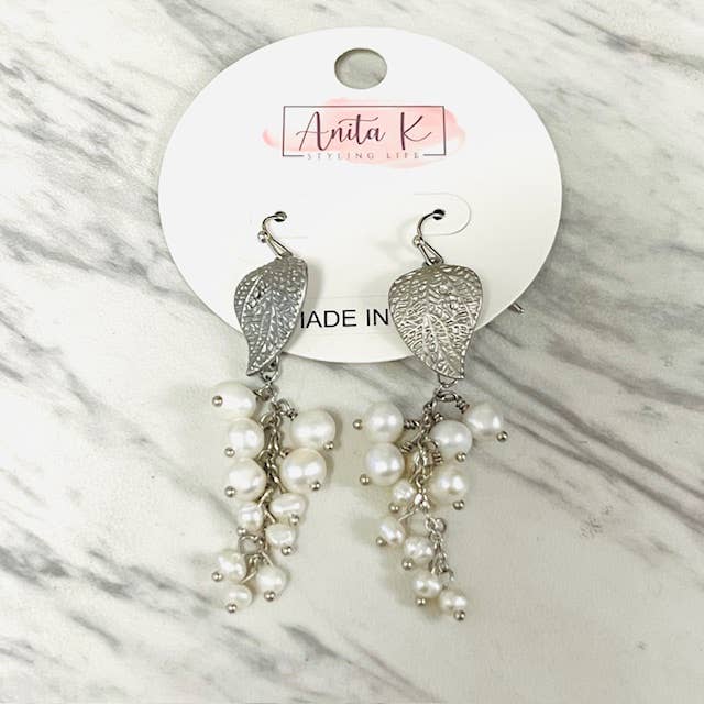 Anita K By Blushing Pink - Wholesale Dangle Earrings - Brass Leaf with Freshwater Pearl Cluster Drop Earring3