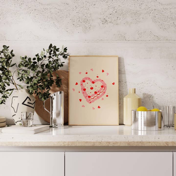 Lambeth Cake Art Print: Vintage Cherries & Hearts Decor for wholesale by Hound & Fox Print Co