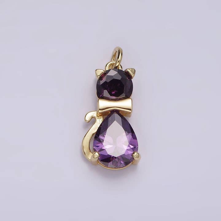Aim Eternal - Wholesale Individual Charm/Pendant - 14K Gold Filled Black, Purple CZ Bow-Tied Kitty Cat Animal Charm | AG496 AG4971