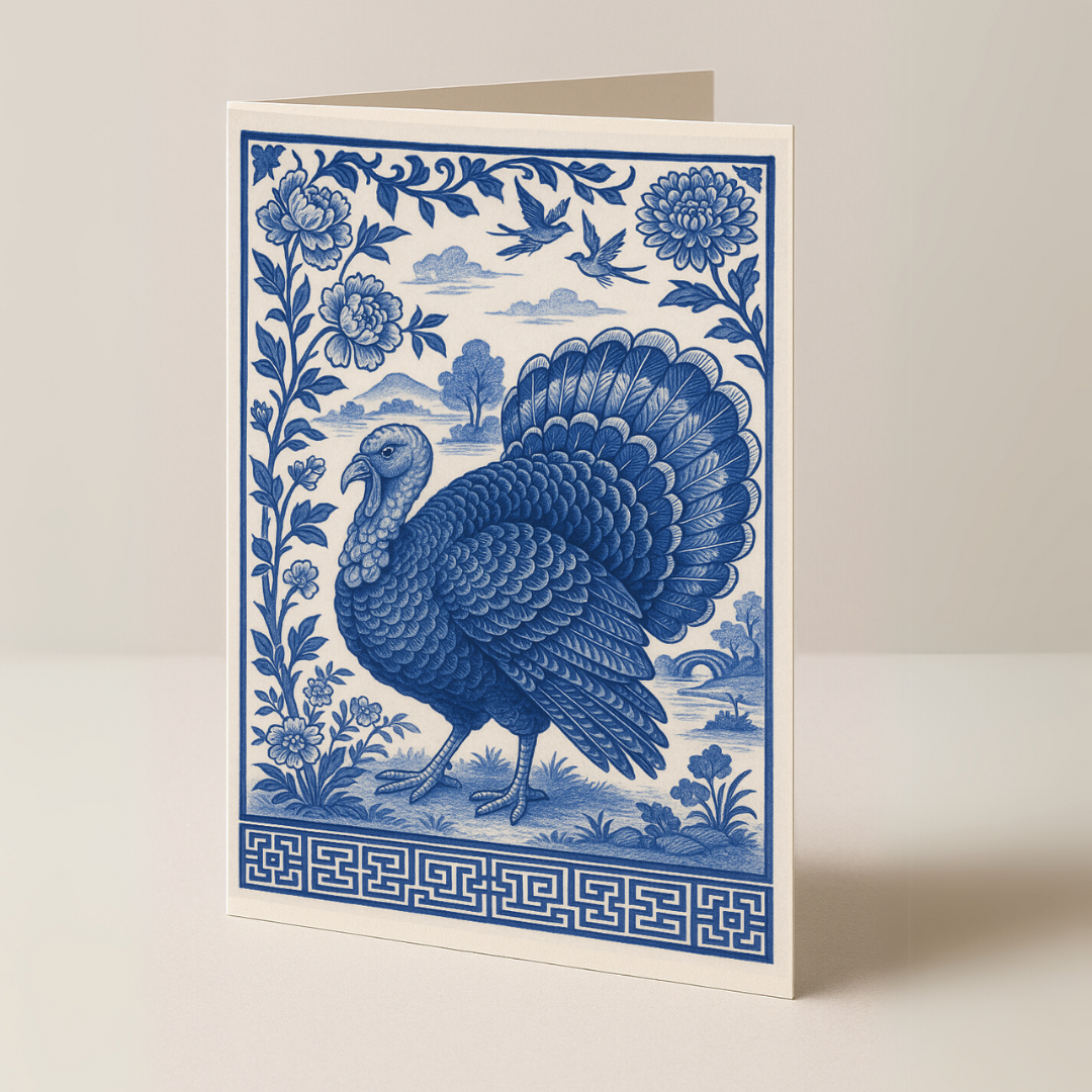 Design Carolinas - Wholesale Thanksgiving Card - Blue and White Turkey Folded Delft Thanksgiving Card0
