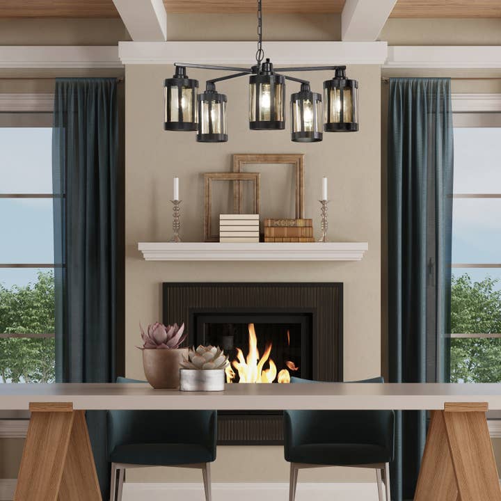 25"W 5-Light Marcell Black Metal and Glass Chandelier for wholesale by River of Goods