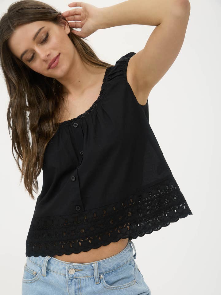 Blu Pepper - Wholesale Blouse - Women's - EYELET LACE TRIM SHORT SLEEVE BUTTON DOWN BLOUSE