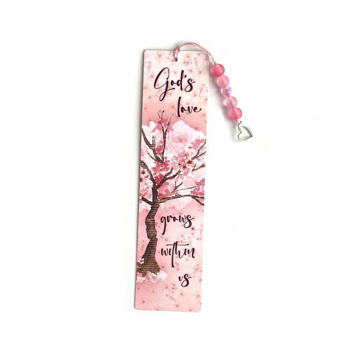 Marcador de Página com Versículo Bíblico sobre o Amor de Deus, Florido em Rosa com Borla de Contas por atacado de Faithful Heart and Home