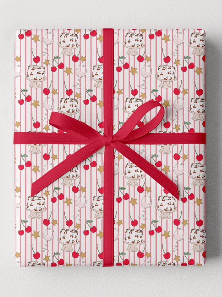Cherry Stripes Gift Wrap Rolls for wholesale by Illustrating Amy