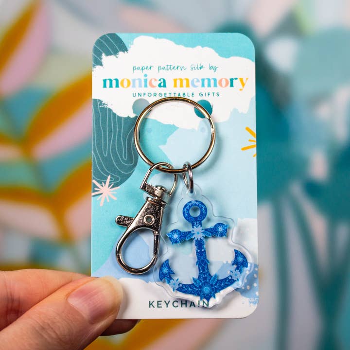 Paper Pattern Silk - Wholesale Keychain - Women's - Blue Floral Anchor Keychain - Nautical Gift Keyring0