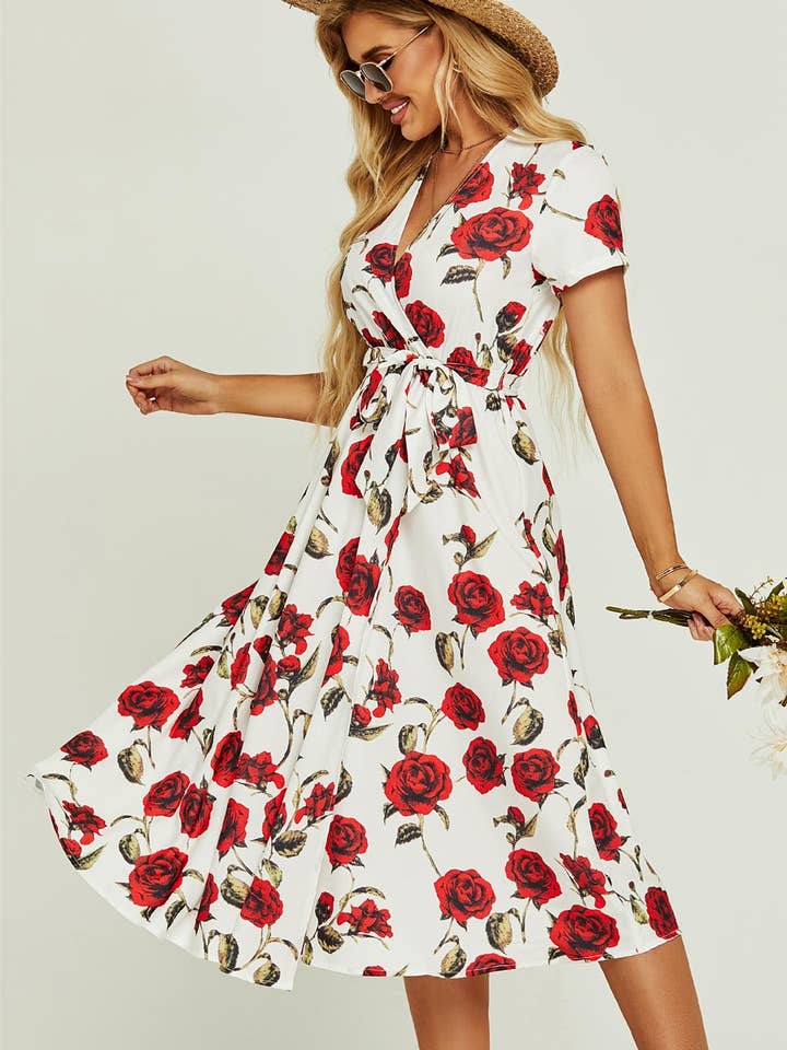 FS Collection - Wholesale Dress - Women's - Red Floral Print High Waist Wrap Midi Dress In White