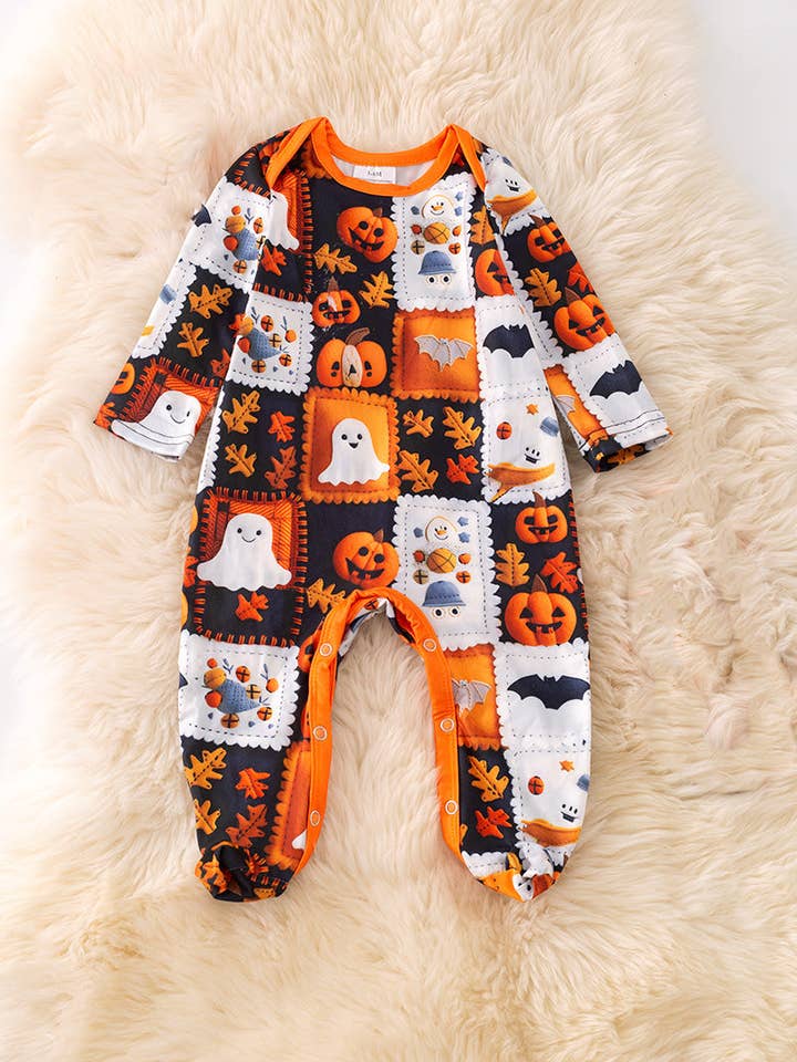 Ghost patch printed baby bodysuit with footie. RPG53723 AMY for wholesale by Kids Charm Online