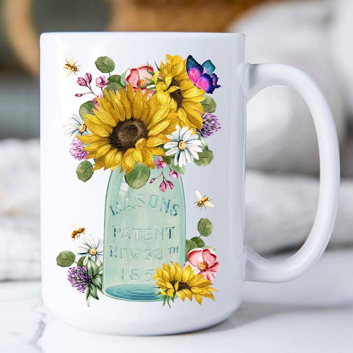 Avery Lane Gifts - Wholesale Coffee Mug - Country Mason Jar Sunflowers 15 oz Coffee Mug