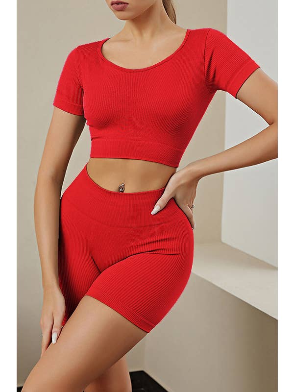 Color 5 - Wholesale Activewear Set - Women's - Seamless ribbed crop basic top w/hot mini shorts active set 3